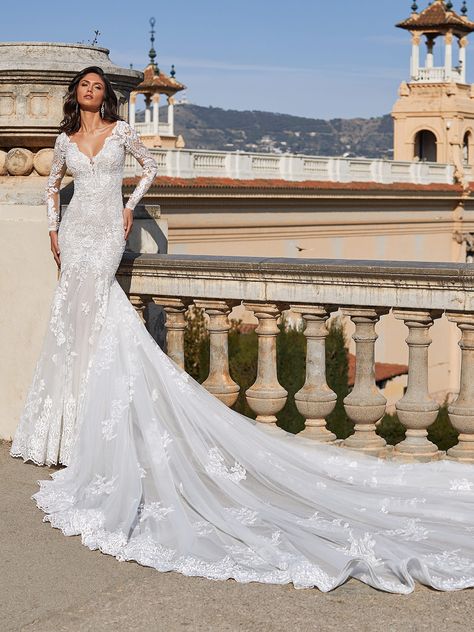 Long-sleeved, V-neck mermaid wedding dress in embroidered tulle Illusion Wedding Dress, Backless Bridal Gowns, Pronovias Wedding Dress, Bridal Jumpsuit, Fit And Flare Wedding Dress, Wedding Dress Fabrics, Illusion Dress, Minimal Chic, Lace Mermaid Wedding Dress