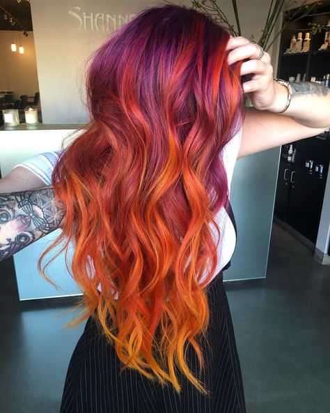 Auburn Sunset Hair Color, Red Sunset Hair, Autumn Inspired Hair Color, Unique Vivid Hair, Sunset Hair Dye, Sunset Balayage Hair, Sunset Ombre Hair, Sunrise Hair, Fire Ombre Hair