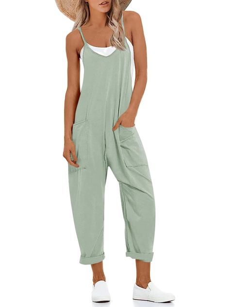 PRICES MAY VARY. Material: Our summer jumpsuit for women is made of cotton, polyester and spandex fabric, lightweight, stretchy, soft and comfortable to wear. The "White" romper is a little see through, suggest wear a nude or light color underwear Features: Women sleeveless overalls, with relaxed fit design, solid color, two oversized patch pockets, long-rise silhouette, small zip pocket at back, long pants jumpsuits, v neck and racerback, cute and stylish outfits for women Match: Womens one piece jumpsuit is nice to pair with t-shirts, tank top, crop top, blouse, sneakers and heels, etc. Wear a cardigan or jacket outside the jumpsuit on cool weather Occasion: Fashion overalls is suitable for daily wear, home wear, beach, dating, travel, vacation, party, office, cocktail and more Garment c Outfit Ideas Jumpsuit, Soft Overalls, Baggy Overalls, Harem Pants Jumpsuit, Jumpsuit Overalls, Pants Overalls, Long Pant Jumpsuit, Boat Life, Harem Pant