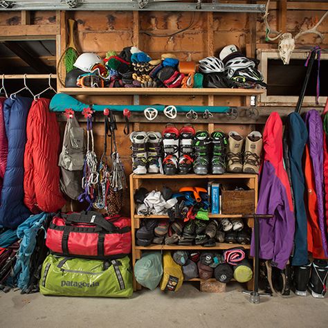 Here are our go-to storage hacks for camping gear that will help extend the lifespan of your gear and make searching for equipment before a trip easy. Gear Room Organization, Gear Room Ideas, Outdoor Gear Organization, Outdoor Gear Storage, Camping Gear Organization, Camping Gear Storage, Adventure Room, Gear Room, Gear Storage