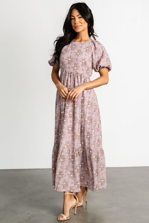 Lucinda Back Tie Dress | Lilac Floral Boho Tea Party Outfit, Spring Floral Dresses, Fall Floral Maxi Dress, Modest Purple Dress, Pink Modest Dress, Modest Outfits Dresses, Moms Aesthetic, Mission Outfits, Mission Fits