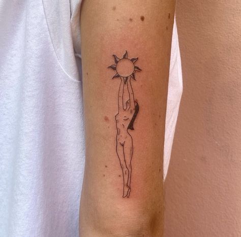 Tattoo Ideas Female Ethereal, Spiritual Woman Tattoo Design, When It’s Dark Look For Stars Tattoo, Going To California Tattoo, Reaching For The Stars Tattoo, Small Modern Tattoos For Women, Cute Earthy Tattoos, Feminine Body Tattoos, Where There Is Love We Must Live On Gvf Tattoo