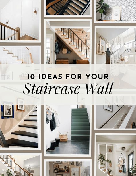 Tips and tricks for how to decorate you staircase wall Decorating Bottom Of Stairs, Tall Stairway Decorating, Stairs In Living Room Decor, Stairway Decoration Ideas, Stairway Wall Picture Ideas, Ideas For Walls Going Up Stairs, Decor Under Stairs Wall, Slanted Wall Under Stairs Decor, Basement Stairs Decor Wall