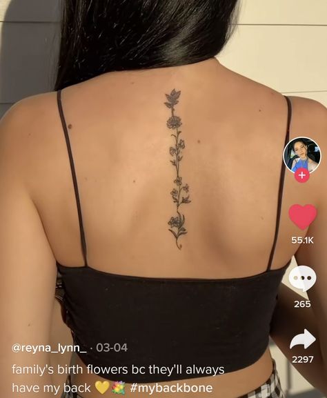 Family Spine Tattoos For Women, Flower Spine Tattoos Simple, Girly Back Tattoo Ideas, Birth Flowers Back Tattoo, Family Back Tattoo Women, Pretty Spine Tattoos For Women Flowers, Birth Flower Tattoos Ideas Families Back, Birth Flowers On Spine, Spine Tattoo Birth Flower