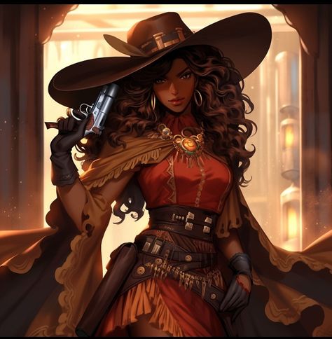 Black Cowgirl Character Art, Steampunk Pirate Character Design, Black Cowgirl Art, Black Female Pirate, Cowgirl Concept Art, Black Pirate Woman, Cowgirl Oc, Female Character Concept, Female Knight