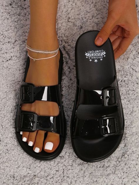 Double Buckle Strap Slide Sandals | SHEIN USA Cute Slides, Women Slides, Embroidered Shoes, Footbed Sandals, Jelly Sandals, Womens Sandals Flat, Trendy Shoes, Summer Shoes, Womens Slippers