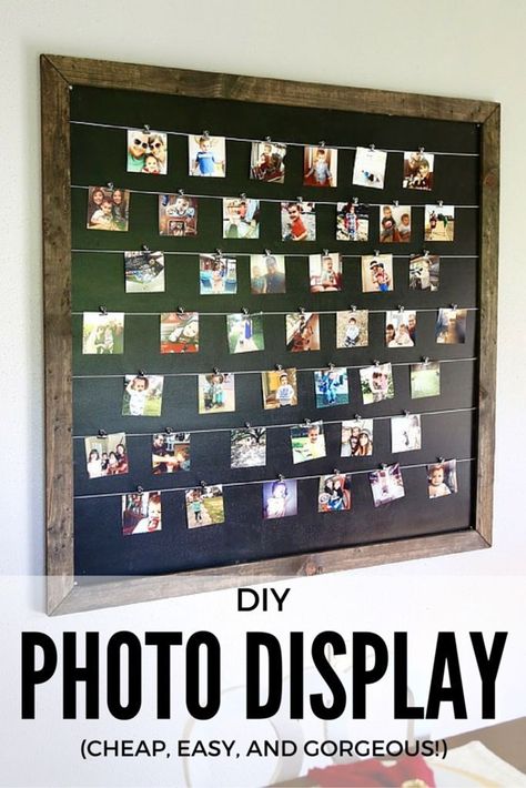 Gorgeous, simple, and easy DIY photo display for Instagram and family photos. Photos are clipped on so it's easy to change them anytime you want! // Love & Renovations 4x6 Photo Display, Diy Photo Displays, Diy Photo Wall, Photo Collage Diy, Diy Photo Display, Make A Photo Collage, Photo Wall Display, Diy Instagram, Family Photo Collages