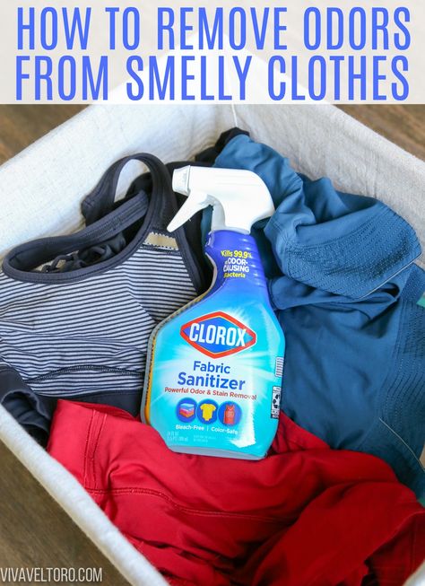 AD: Dealing with smelly clothes? Here are some tips and tricks to help you remove odor and stink from smelly clothes and laundry thanks to Clorox Bleach-Free Fabric Sanitizer from Walmart. It's specially formulated to kill 99.9% of odor-causing bacteria while it sanitizes and eliminates tough odors from your clothes. #laundry #hacks #clorox Smelly Clothes, Colorful Activewear, Armpit Odor, Clorox Bleach, Cleaning Painted Walls, Delicate Clothes, Deep Cleaning Tips, Bleach Product, Husband Shirts