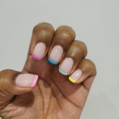 Coloured Tip Nails, Rainbow French Tips, Rainbow French Tip Nails, Coloured French Manicure, Color French Manicure, Rainbow French, Colored Nail Tips, Glitter French Tips, French Manicures