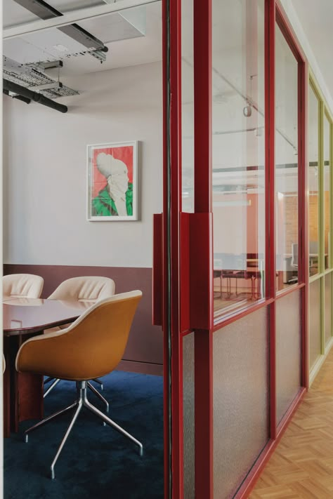 Red Velvet Chair, Plank Table, Victorian Townhouse, Office Meeting Room, Pink Tiles, Office Meeting, Exposed Brick Walls, Workplace Design, Contemporary Living Spaces