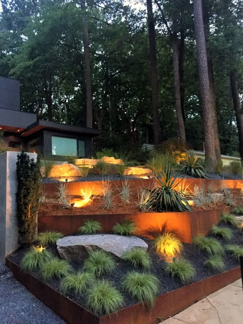 Garden Terracing Ideas, Corten Steel Terraced Garden, Terraced Landscaping Front Yard, Garden On The Slope, Modern Terrace Garden Design, Terraced Retaining Wall, Entrance Landscape Design, Corten Steel Retaining Wall, Lawn Free Yard