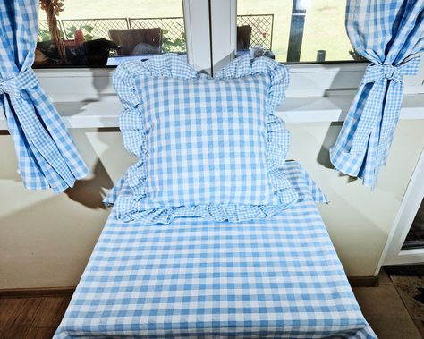 Gingham Pillow, Light Blue Gingham, Core Aesthetics, Gingham Tablecloth, Plaid Curtains, Brown Note, Textile Recycling, Light Blue Plaid, Ruffle Pillow