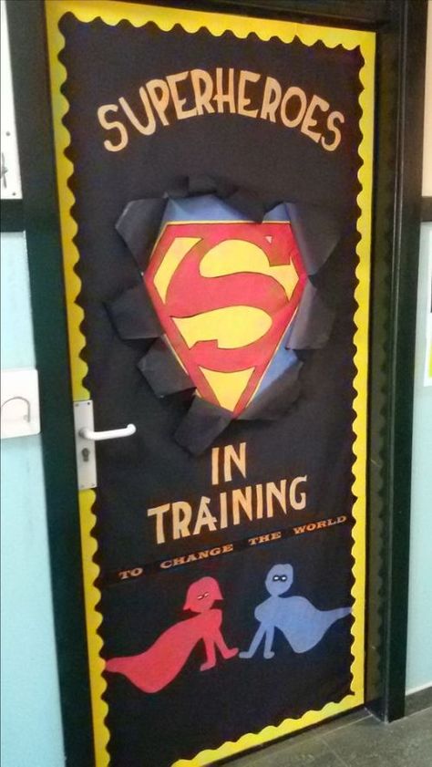 91 Welcoming Classroom Door Decorations for Back to School Superhero Classroom Door, Superhero Door, School Bulletin Board Ideas, Classroom Door Decorating, Halloween Classroom Door, Creative Bulletin Boards, Superhero Classroom Theme, Halloween Bulletin Boards, Classroom Welcome