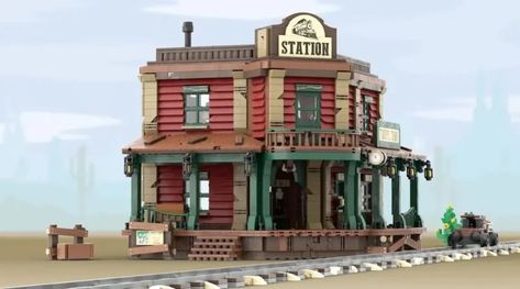 Old West Train, Wild West Buildings Concept Art, Wild West Train Station, Yellowstone Train Station, Old Western Train Station, Lego Trains, Lego Projects, Railway Station, Lego City