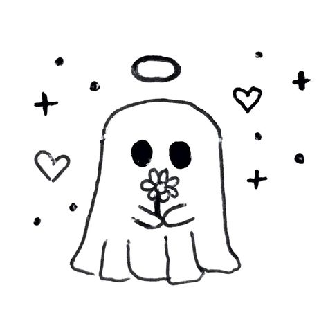 A cute ghost with a halo above his head holding flower in his hand Tiny Spooky Drawings, Spooky Season Doodles, Cute Doodles Ideas, Sticker Themes, Spooky Doodles, Whiteboard Ideas, Doodles Ideas, Want To Draw, Cute Doodles