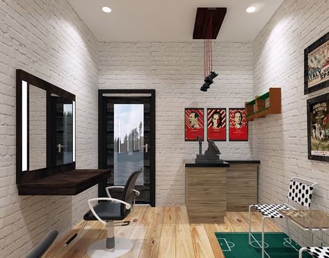 Mini Barbershop with Industrial Design on Behance Mini Barbershop Design, Barbershop Design Interior Small Spaces, Industrial Barbershop, Small Barbershop Design Interior, Small Barbershop, Barbershop Decor, Barber Ideas, Modern Barber Shop, Barbershop Design Interior