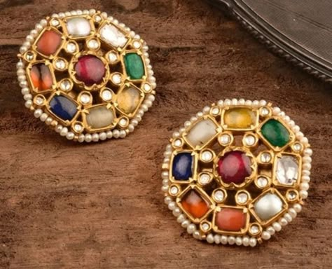 Navaratna Ear Studs, Navaratna Studs Gold, Navarathna Earrings, Navratan Earrings, Navratan Set, Navratan Jewellery, Ear Tops, Antique Necklaces Design, Antique Gold Jewelry Indian