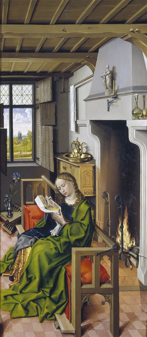 Master of Flemalle (Robert Campin?), The Werl Altarpiece (left panel), Saint Barbara, completed 1438 in Cologne. Now in the Prado, Madrid. 547×1,285 pixels Robert Campin, Saint Barbara, Medieval Furniture, Van Eyck, Jan Van Eyck, Medieval Life, European Paintings, Catholic Art, Medieval Art