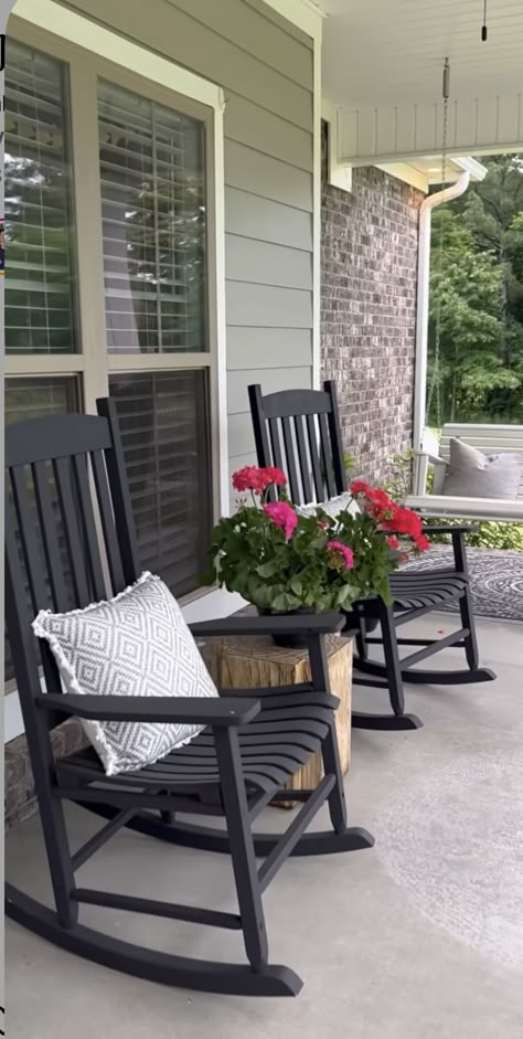 Sitting Front Porch Ideas, Small Front Porch Chair And Table, Smaller Front Porch Ideas, Black Rocking Chairs Front Porch, Front Porch Ideas Rocking Chairs, Small Front Porch With Rocking Chair, Front Porch Rocking Chair Ideas, Porch Rocking Chair Decor, Small Front Porch Furniture Ideas