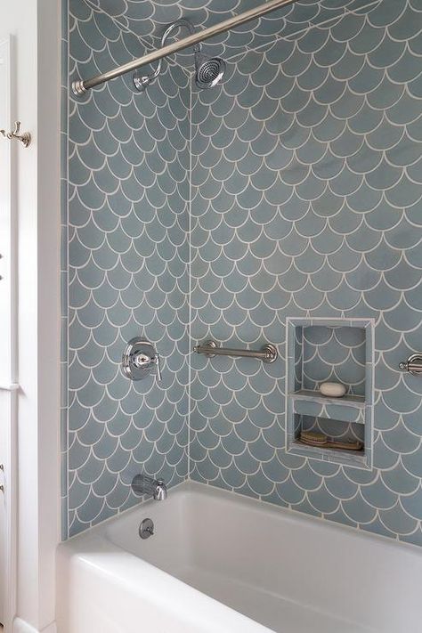 A drop-in bathtub is clad in blue fan tiles, Fireclay Ogee Drop Tiles, accented with a blue tiled shower niche is flanked by polished nickel towel holders. Blue Marble Bathroom, Slate Bathroom Tile, Modern Shower Tile, Modern Bathroom Design Ideas, Bathroom Niche, Grey Bathroom Tiles, Modern Bathroom Tile, Mid Century Modern Bathroom, Missing Person