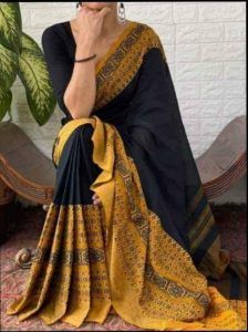 Saree is the only garment that’s been in fashion for centuries!!Gorgeous Black & Mustered Yellow Khadi Begom Puri Saree#Yespoho Pola Blus, Bengal Cotton Sarees, Cotton Sarees Handloom, Indian Sari Dress, Cotton Sarees Online, Khadi Saree, Sari Dress, Ethnic Sarees, Designer Blouse Patterns