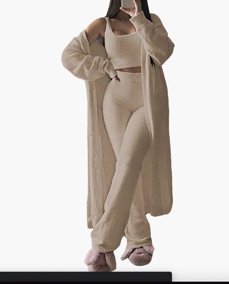 Fixmatti Women's Fuzzy 3 Piece Sweatsuit Open Front Cardigan Crop Tank Tops Wide Legs Pants Lounge Sets Loungewear Set Shorts, Open Front Cardigan Outfit, Wide Legs Pants, Long Cardigan Coat, Womens Loungewear Sets, Leg Pants Outfit, Crop Top And Leggings, Cardigan Crop Top, Sweatsuit Set