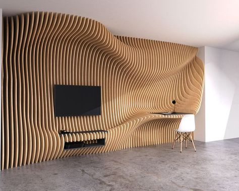 Parametric interior wood wall waves desk and TV set, workstation design at tanko designs rendered in 3D keyshot made in Rhino Grasshoper Parametric Wood Design, Parametric Interior Design, Parametric Wall Design, Parametric Interior, Workstation Design, Wavy Wall, Parametric Wall, Workstations Design, Meeting Room Design