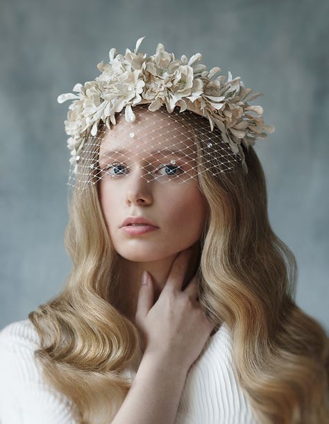 The Helene Crown in Ivory / Vancouver Bridal Accessories at Flavelle & Co / Made in Canada / Shop the Collection at www.flavelleandco.com Feather Hair Pieces, Custom Veil, Race Day Fashion, Elegant Veils, Boho Chic Wedding Dress, Offbeat Wedding, Floral Headdress, Pearl Bridal Headband, Headpiece Diy