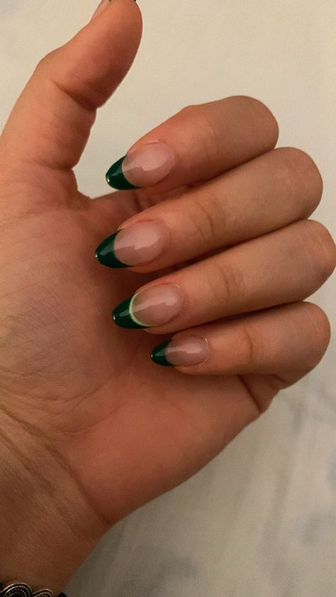 Green French Top Acrylic Nails, Green Fresh Tip Nails, Green French Tip With White Line, Short Hunter Green Nails, Simple Green And White Nails, White Nails With Green Tips, Emerald Green Nail Inspo Almond, Short Almond Nails Designs Green, Dark Green Nail Tips