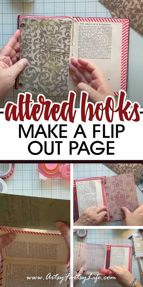 Adding flip-out pages to an altered book is a fantastic way to enhance its interactivity and visual appeal! This technique allows for additional space to showcase artwork, journaling, or mixed media elements, making your altered book truly unique! Here's a step-by-step guide to incorporating flip-out pages into your altered book! Altered Art Books Mixed Media, Altered Composition Books Tutorials, Altered Book Art Journal, Vintage Book Covers Diy, Altered Books Ideas, Altered Composition Books, Altered Books Pages, Altered Book Journal, Old Book Crafts