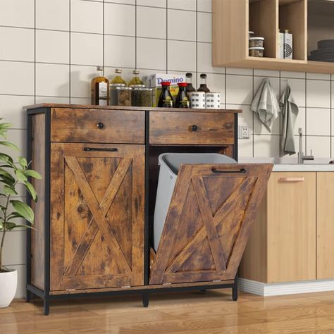 Anbuy Double Tilt Out Trash Can Cabinet, Dual Kitchen Trash Cabinet with Barn Door, Pet Proof Trash Can Odor Blocking, Free Standing Wood Recycling Cabinet Cabinet Trash Can, Tilt Out Trash Cabinet, Cabinet Trash, Trash Cabinet, Laundry Cabinet, Trash Can Cabinet, Open Cabinet, Kitchen Trash, Brown Cabinets