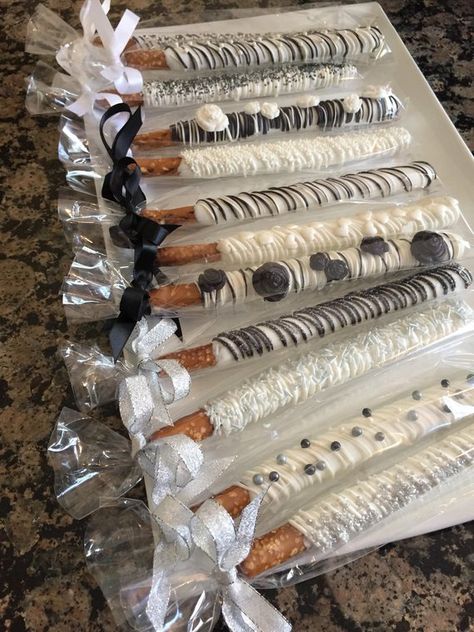 Black/White Wedding Chocolate Covered Pretzel Rods1 | Etsy Silver Bridal Shower Ideas, Wedding Pretzels, White Pretzels, Chocolate Pretzel Rods, White Chocolate Covered Pretzels, White Silver Wedding, Chocolate Covered Pretzel, Chocolate Covered Pretzel Rods, Sweet Decoration