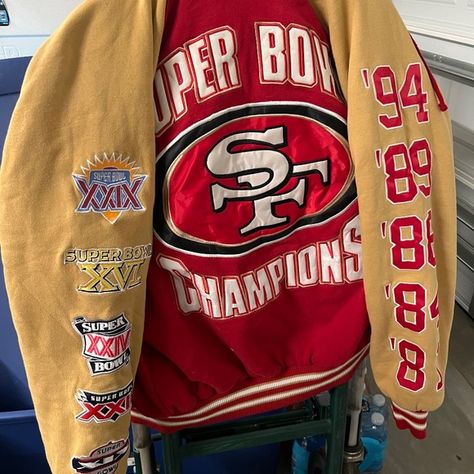 San Francisco 49ers Super Bowl jacket Nfl Wag, 49ers Birthday, 49ers Apparel, 49ers Outfit, 49ers Jacket, Thrift Ideas, Super Bowl Outfit, 49ers Super Bowl, 49ers Fans