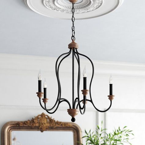 This eye-catching chandelier has five lights and a whole lot of farmhouse style. It’s made from metal, and showcases an arched, birdcage-like design with five arms that dramatically arch up to hold five candelabra-base bulbs (not included). This chandelier features turned, brown wooden accents below each bulb and at the top and bottom for a traditional touch. Bulbs are not included, so if you want to make it a little more eco-friendly, feel free to pick up LED bulbs!Hand-curated by Kelly ... Bathroom Chandelier, Country Chandelier, Willow Grove, Modern French Country, Kelly Clarkson Home, Classic Chandelier, French Country Design, Chandelier Metal, Modern French