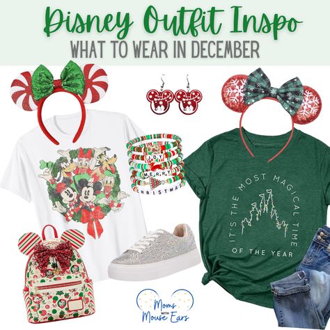 What to Wear to Disney World in December | Theme Park Guide - Moms with Mouse Ears Disney World In December, Christmas Disney Outfits, Wear To Disney World, Disney Christmas Outfits, Season Activities, What To Wear To Disney, Disney Trip Outfits, Disney Eras, Disney Princess Shirts