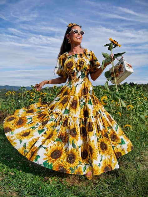 Sunflower Print Dress, Sunflower Dress Aesthetic, Sunflower Dress Outfit, Sunflower Dresses, Tiger Lily Flowers, Sunflower Outfit, Tailored Dresses, Sunny Dress, Trend Board