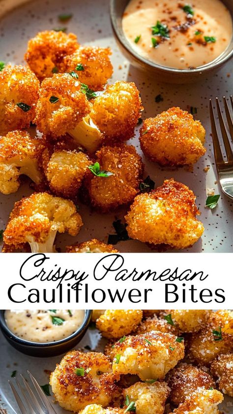 These oven-baked Parmesan cauliflower bites make a great appetizer or side dish. With a crispy coating and cheesy flavor, they’re a tasty way to enjoy veggies and perfect for parties or snacking! Baked Califlower, Crispy Parmesan Cauliflower, Baked Cauliflower Recipe, Best Potluck Dishes, Vegan Party Snacks, Baked Cauliflower Bites, Buffalo Cauliflower Recipes, Veggie Bites, Parmesan Cauliflower