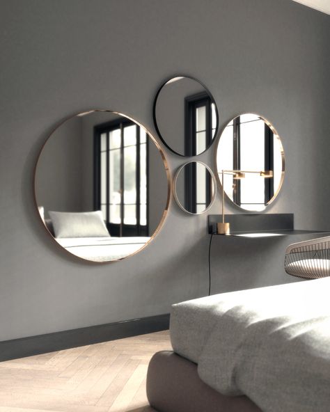 Mirror wall in bedroom Round Mirror On Wall Living Room, Grey Mirror Circle Uk, Mirror Semi Circle, Circle Salon Mirror, Grey Mirror Circle, Mirrors For Hallway, Two Round Mirrors On Wall, Round Mirror Decor Ideas Bedrooms, Round Mirror Wall Decor Living Room