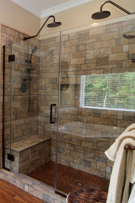 Small Walk In Shower Ideas Stone, Walk In Shower With Bench Seat Ideas, Walk In Shower Ideas With 2 Shower Heads, Walk In Shower With Multiple Heads, Shower For 2 People, Farmhouse Shower Head, Double Sided Shower Master Bath, Walk In Shower With Dual Shower Heads, Dual Rain Shower Master Bath