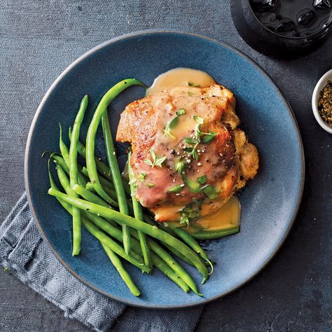 Slow-Cooker Turkey Thighs with Herb Gravy Turkey Thigh Recipes, Herb Gravy, Turkey Thigh, Turkey Thighs, Slow Cooker Dinner Recipes, Empanada Recipe, Thighs Recipe, Steamed Green Beans, Slow Cooker Turkey