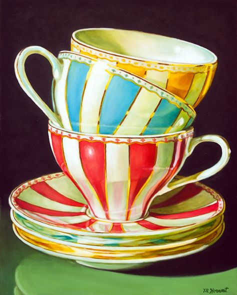 Stack Of Teacups, Stacked Teacups, Painting 2023, Tea Setting, Tea Cup Art, Coffee Cup Art, Architectural Art, Pretty Tea Cups, Cafe Art