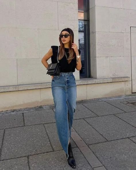 Long Jean Skirt Outfits Summer, Denim Skirt Outfit Fall, Long Jean Skirt Outfits, Denim Skirt Outfit Summer, Denim Maxi Skirt Outfit, Denim Midi Skirt Outfit, Primavera Outfit, Long Denim Skirt Outfit, Denim Skirt Outfit