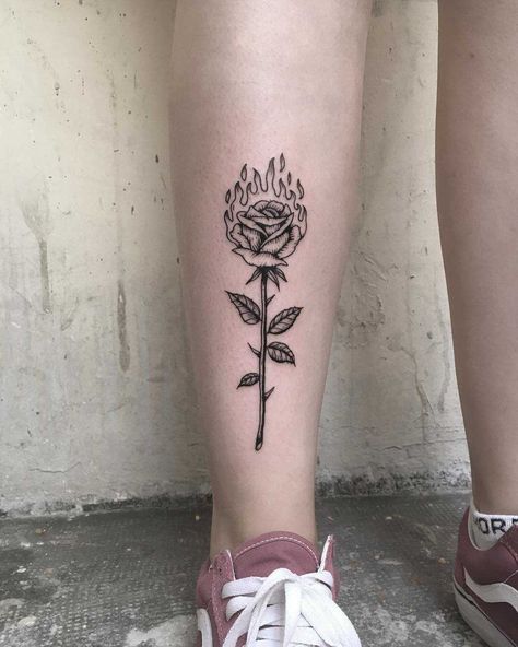 Burning Roses Tattoo, Rose In Flames Tattoo, Rose Burning Tattoo, Burning Rose Tattoo Men, Rose Shin Tattoo, Roses On Fire Tattoo, Burning Black Rose, Rose With Flames Tattoo, Grunge Rose Tattoo