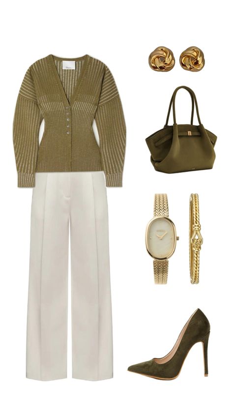 An Olive green cardigan styled with white pants, olive green heels, an olive green bag and a gold oval faced watch with a gold bracelet Olive Green Cardigan Outfit, Green And Cream Outfit, Cream Outfit Ideas, Cardigan Work Outfit, Green Cardigan Outfit, Cream Outfit, Olive Green Cardigan, Cardigan Outfit, Green Cardigan