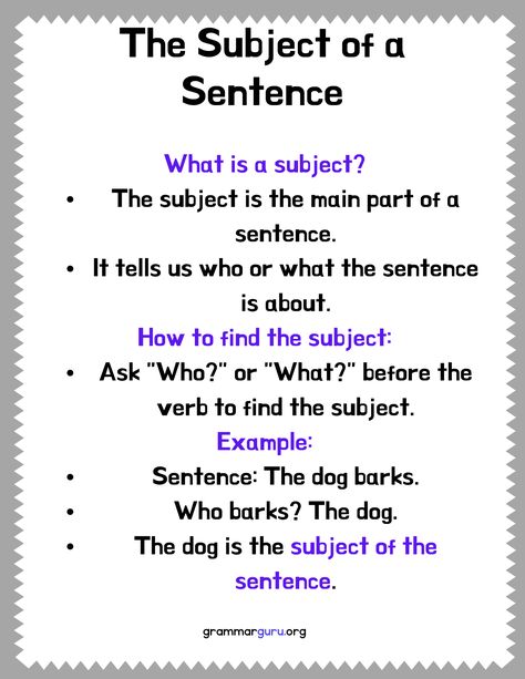 learn about the Subject of a 'Sentence'. How to find the subject with example Subject Of A Sentence, Subject Predicate, Grammar Anchor Charts, Sentence Building Activities, English Grammar Pdf, Parts Of A Sentence, Teaching Reading Comprehension, August Challenge, Writing Stories