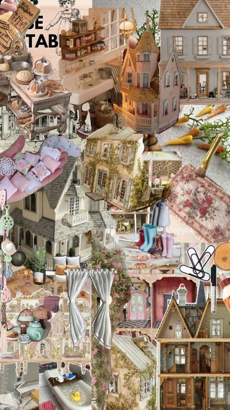 Mixed Media Houses Collage, Vintage Esk Doll House Wallpaper, Cottagecore Collage Wallpaper, House Collage, Design Collage, Doll House Wallpaper 1/12 Shabby Chic, Doll House, Dream House, House Design