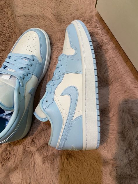 Light Blue Air Jordans Low, Nike Shoes Light Blue, Jordan Low Ice Blue, Light Blue Dunks, Light Blue Jordans, Blue Jordans Outfit, Jordan 1 Low Ice Blue, Trendy Nike Shoes, Light Blue Sneakers