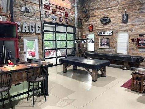 Barndo Man Cave, Mancave Shop Ideas, Barndominium Workshop Ideas, Metal Building Rec Room, Hangout Garage Ideas, Garage Shed Design, Shop With Bar Area, Pole Barn Hangout Ideas, Metal Shop Interior