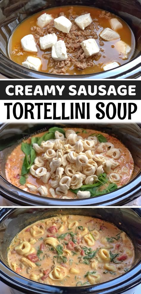 Spinach Crockpot Recipes, Creamy Crockpot Soup, Slow Cooker Tortellini, Creamy Sausage Tortellini Soup, Creamy Sausage Tortellini, Frozen Tortellini, Slow Cooker Tortellini Soup, Pasta Soup Recipes, Easy Crockpot Soup