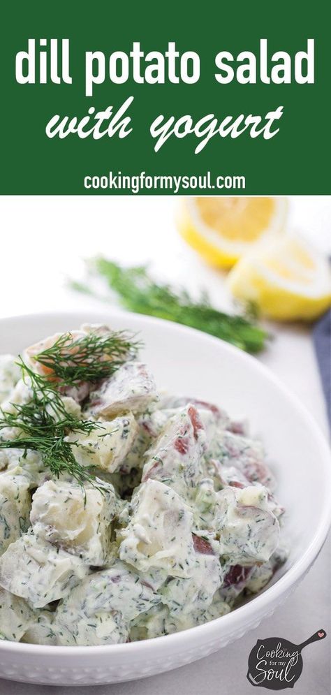 Healthy Potato Dill Salad made with Greek yogurt, lemon, fresh dill, and mustard. This potato salad is creamy, healthy, and flavorful. It is also a great make ahead potato salad option #cookingformysoul Smoked Salmon Potato, Creamy Dill Dressing, Dill Potato Salad, Dill Potato, Dill Potatoes, Red Potato Salad, Camping Lifestyle, Dill Dressing, Healthy Potatoes